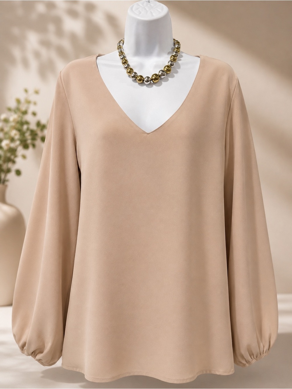 Qearal - V-Neck Balloon Sleeve Blouse - Beige